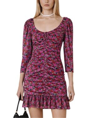 Ganni Floral Mesh Ruched Mini Dress Fiji Flower Pink Red Size EU 42 / M NWT